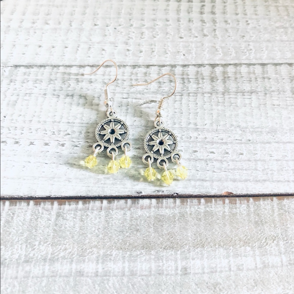 Bohemian Yellow Octagram Star Silver Earrings NWT
